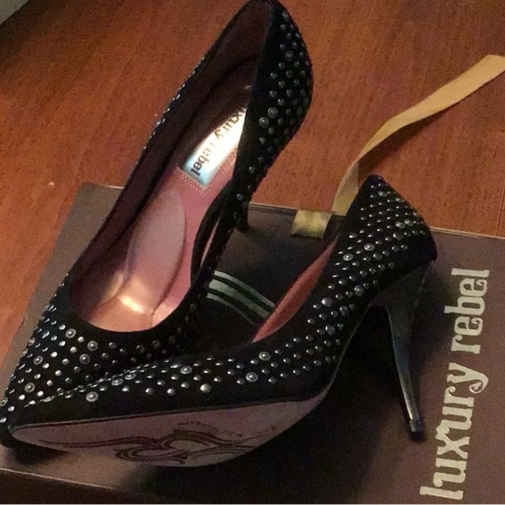 Luxury Rebel Black Studded Heels - box included